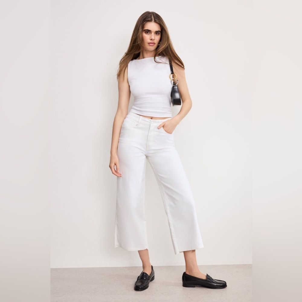 Good American Good Waist Palazzo Crop Jeans White